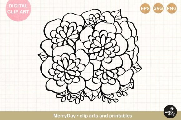 Round Flower Bouquet Line Art No.8: A Delicate Design for Real Projects
